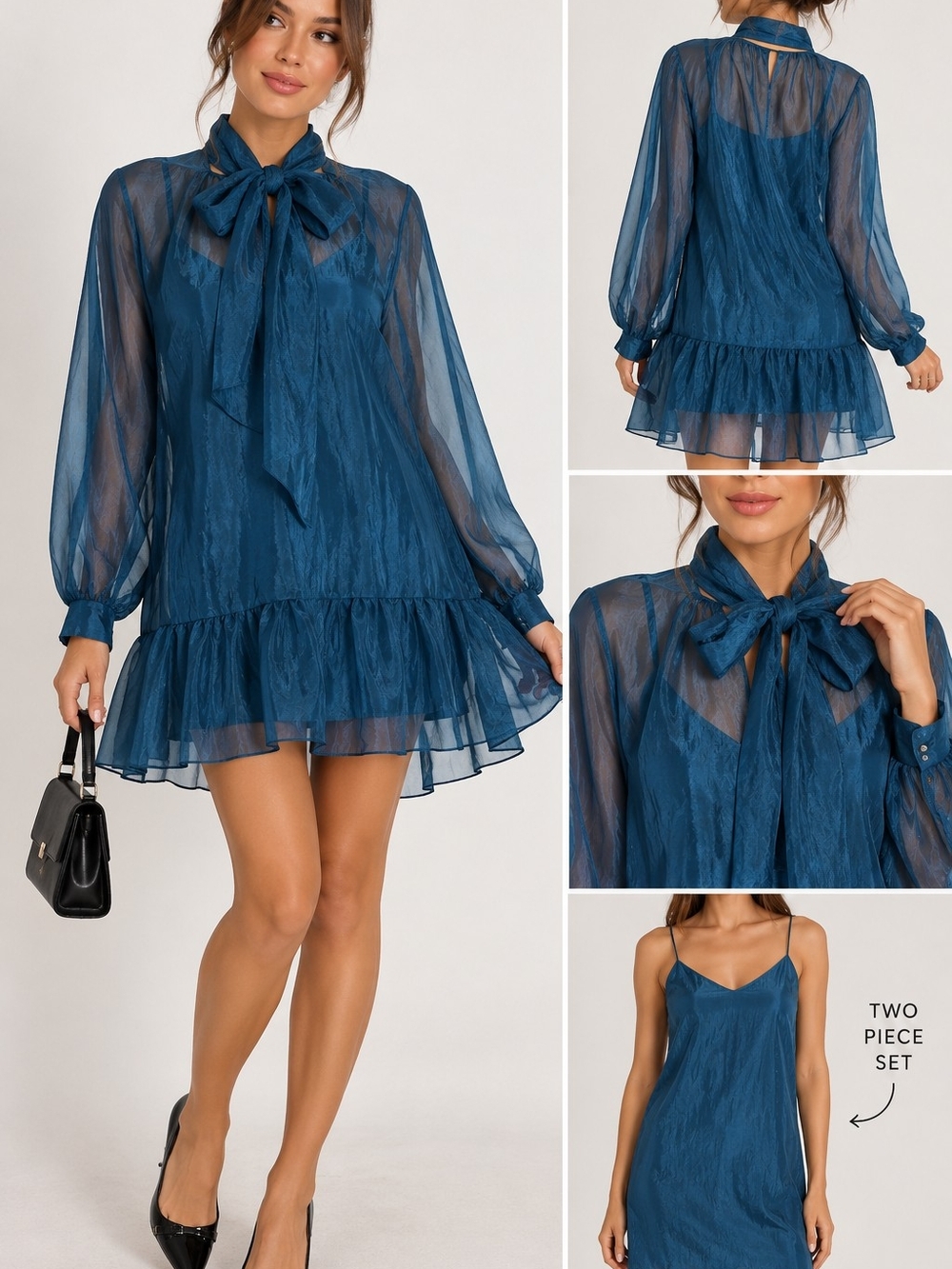 Seni&Cade Size L Juniors Teal Sheer Tie-Neck Tiered Mini Dress with Slip